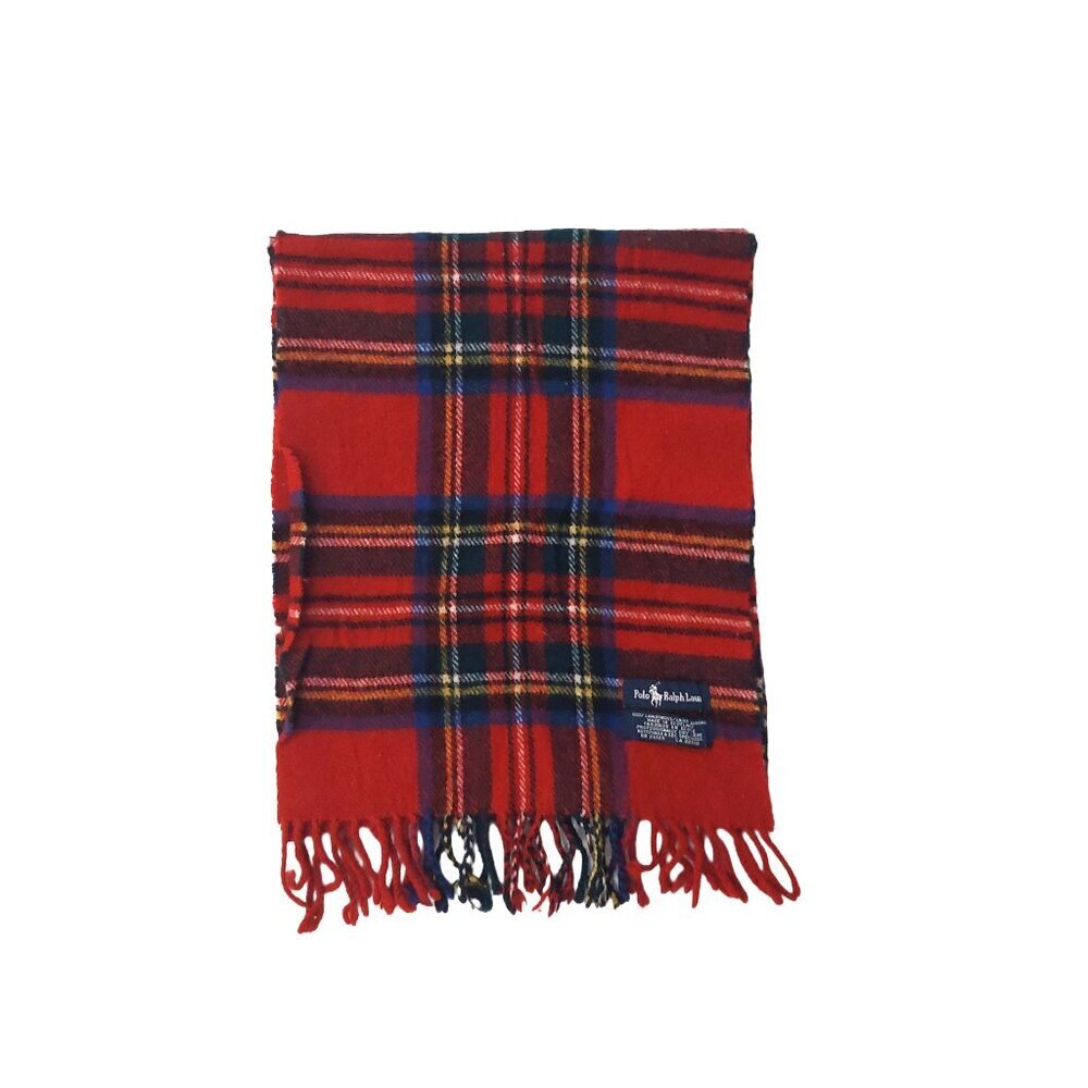 POLO Ralph Lauren 80s Vintage Red Blue Plaid Scarf Embroidered Polo Logo Scarves